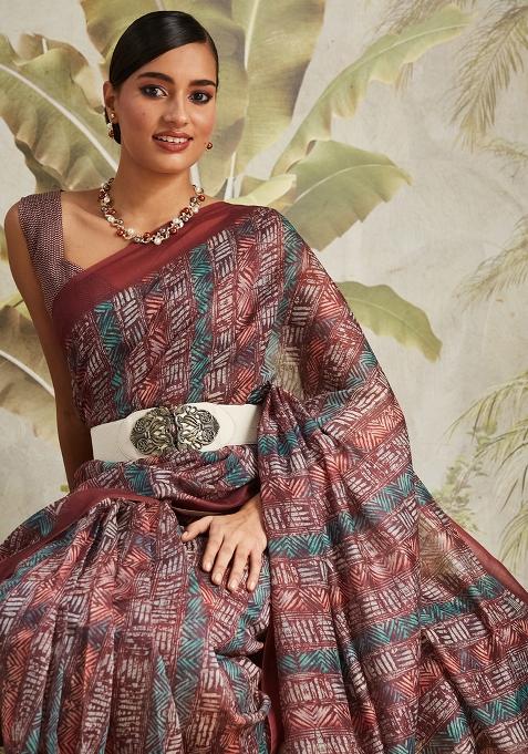 Maroon Designer Digital Printed Chanderi Cotton Pre Stitched Saree