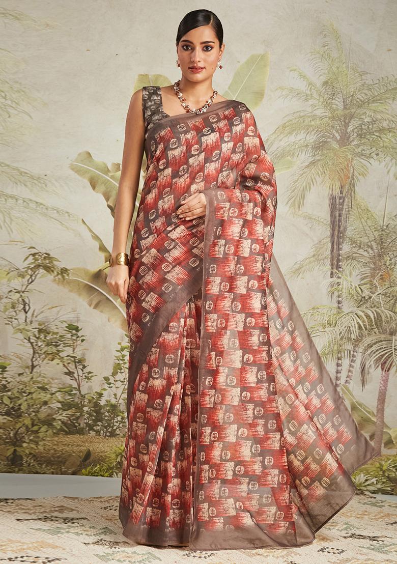Dark Brown Designer Digital Printed Chanderi Cotton Pre Stitched Saree