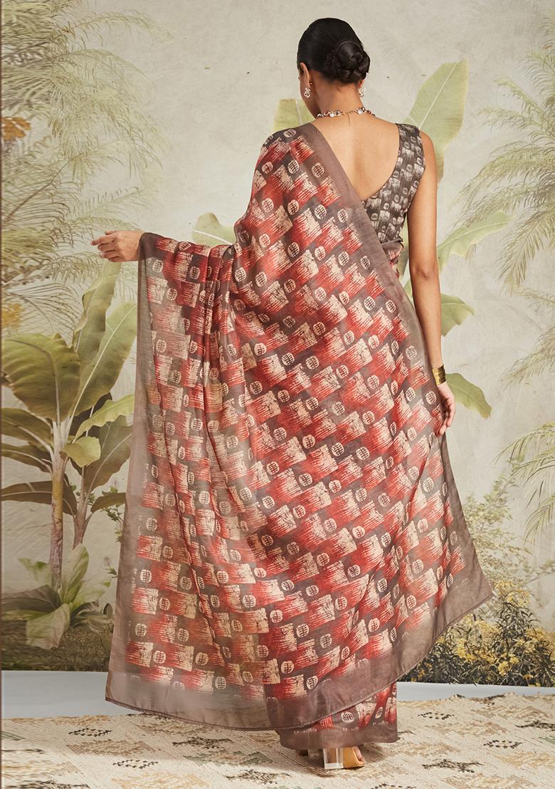 Dark Brown Designer Digital Printed Chanderi Cotton Pre Stitched Saree