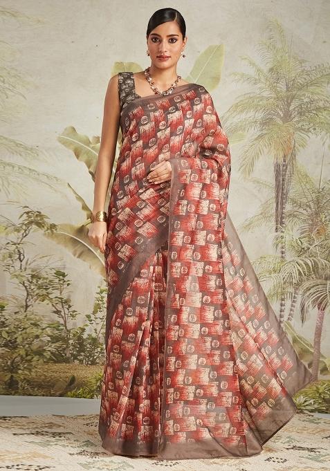 Dark Brown Designer Digital Printed Chanderi Cotton Pre Stitched Saree