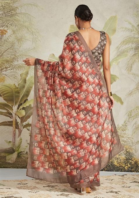 Dark Brown Designer Digital Printed Chanderi Cotton Pre Stitched Saree