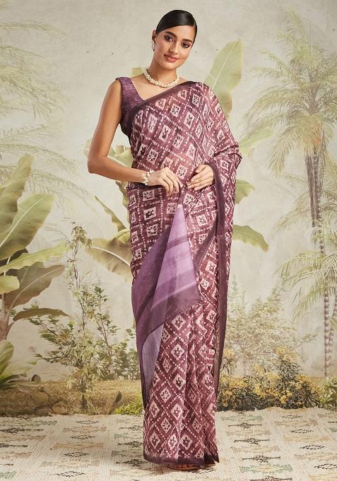 Wine Designer Digital Printed Chanderi Cotton Pre Stitched Saree