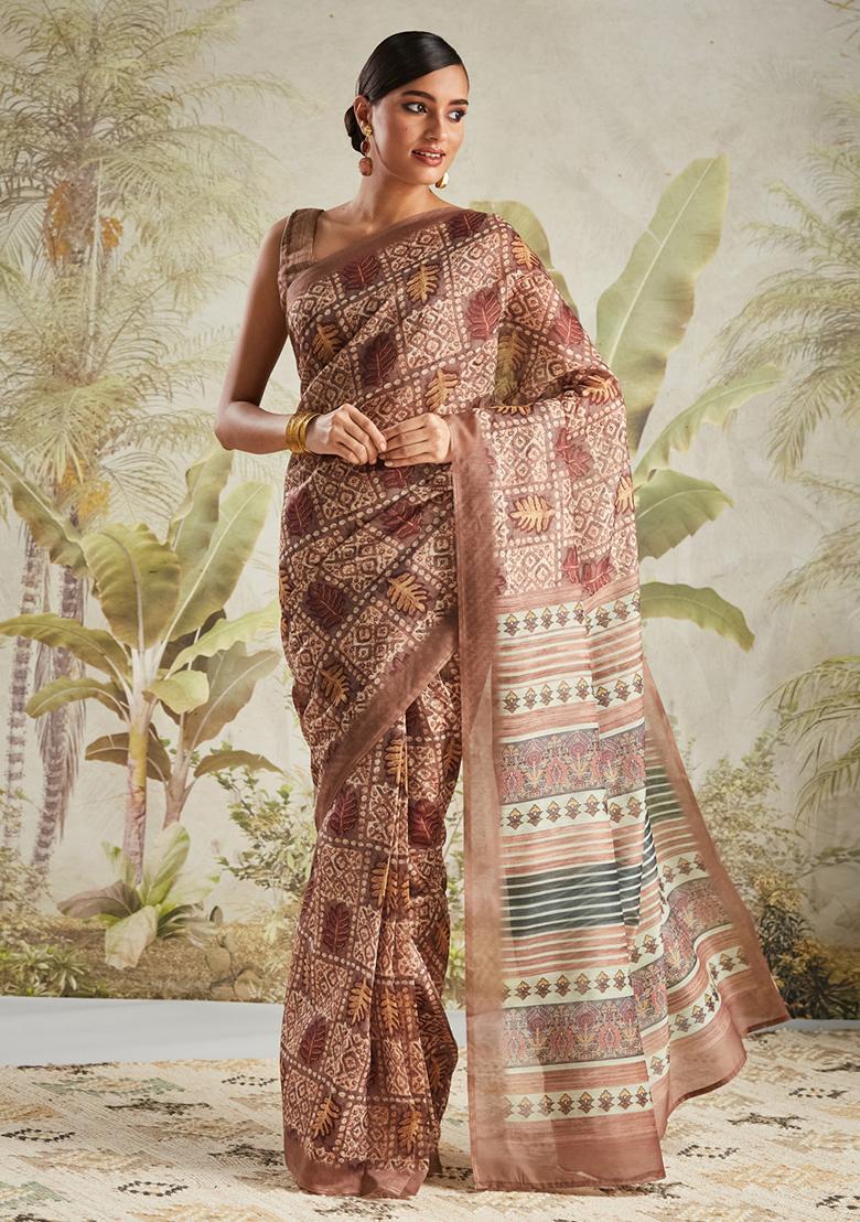 Brown Designer Digital Printed Chanderi Cotton Pre Stitched Saree