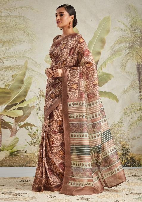 Brown Designer Digital Printed Chanderi Cotton Pre Stitched Saree