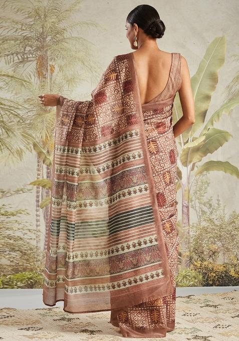 Brown Designer Digital Printed Chanderi Cotton Pre Stitched Saree