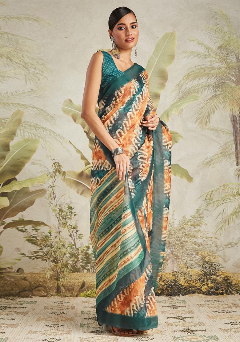 Rama Green Designer Digital Printed Chanderi Cotton Pre Stitched Saree