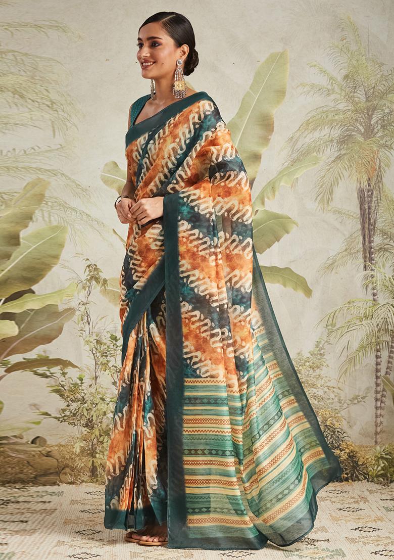 Rama Green Designer Digital Printed Chanderi Cotton Pre Stitched Saree