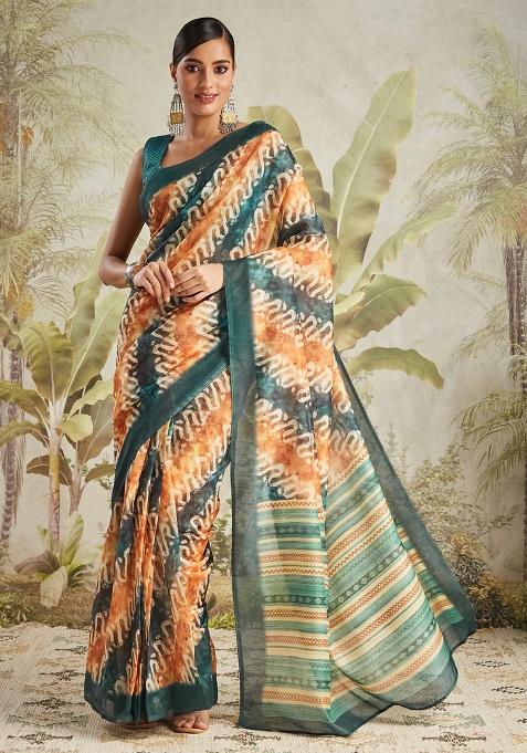 Rama Green Designer Digital Printed Chanderi Cotton Pre Stitched Saree