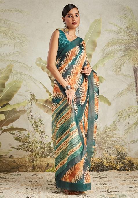 Rama Green Designer Digital Printed Chanderi Cotton Pre Stitched Saree