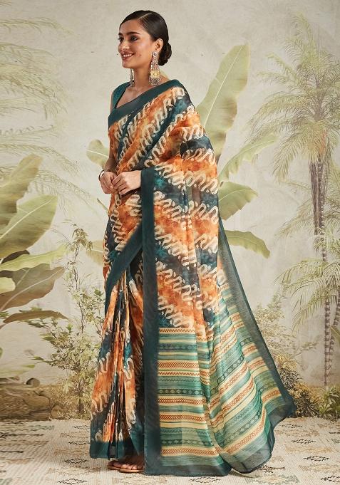 Rama Green Designer Digital Printed Chanderi Cotton Pre Stitched Saree