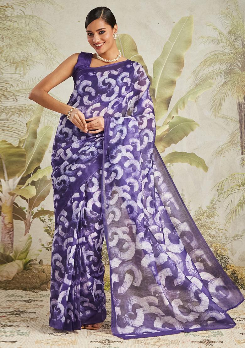 Purple Designer Digital Printed Chanderi Cotton Pre Stitched Saree