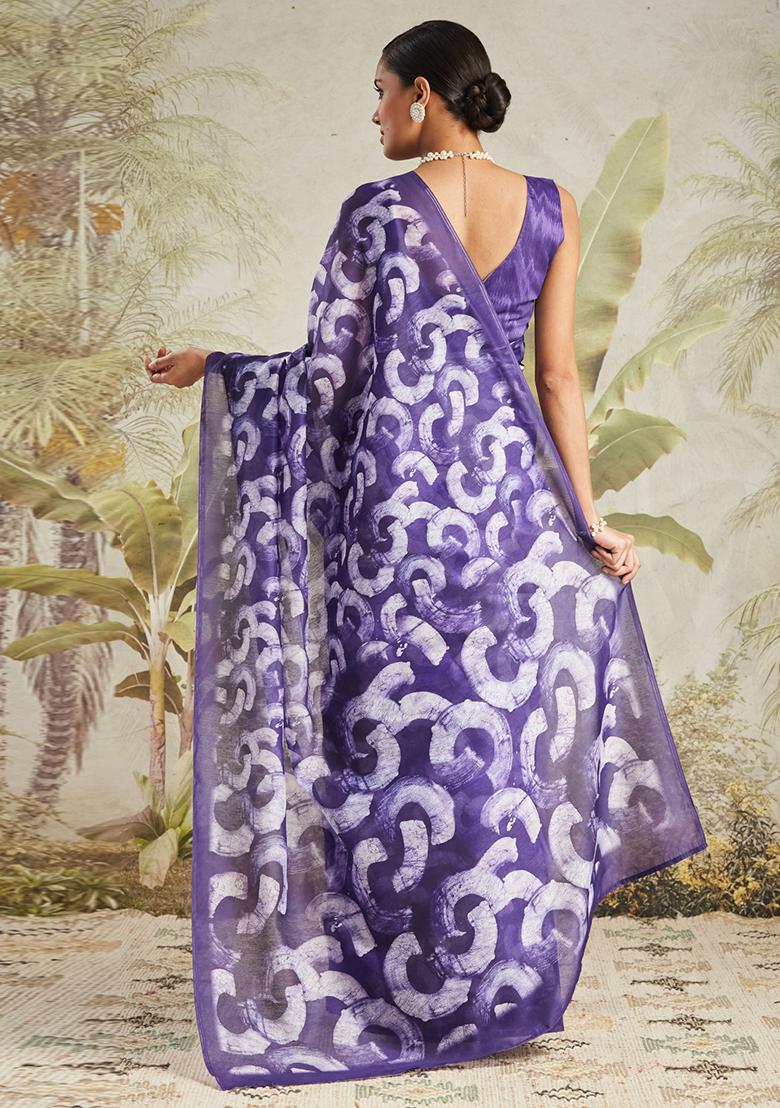 Purple Designer Digital Printed Chanderi Cotton Pre Stitched Saree