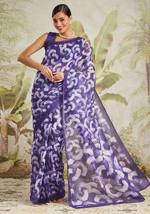 Purple Designer Digital Printed Chanderi Cotton Pre Stitched Saree