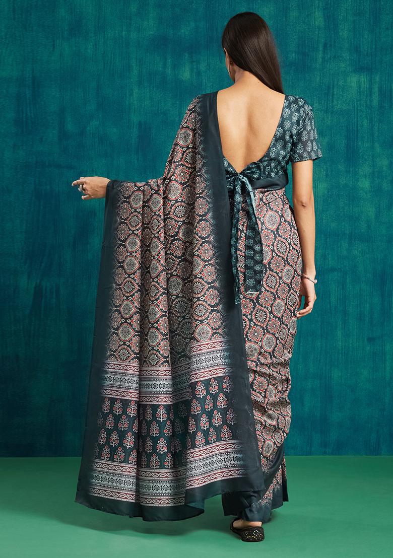 Blue Designer Digital Printed Muslin Pre Stitched Saree