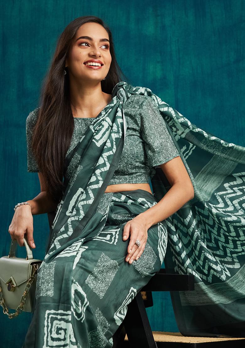 Olive Designer Digital Printed Muslin Pre Stitched Saree