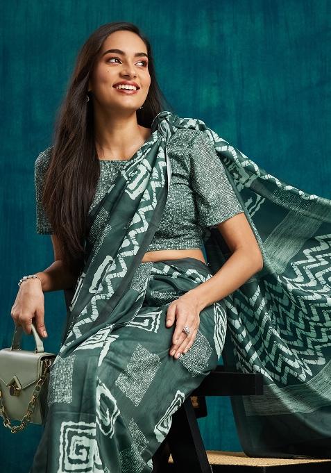 Olive Designer Digital Printed Muslin Pre Stitched Saree