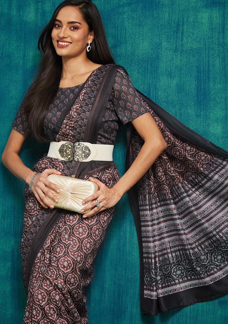 Black Designer Digital Printed Muslin Pre Stitched Saree