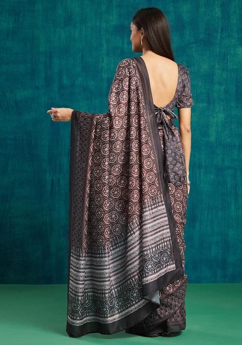 Black Designer Digital Printed Muslin Pre Stitched Saree