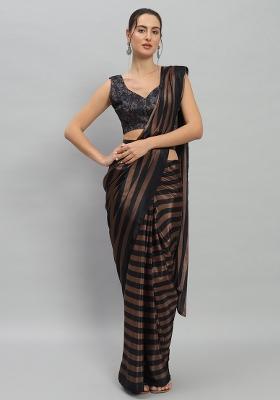 Brown Designer Striped Printed Satin Pre Stitched Saree