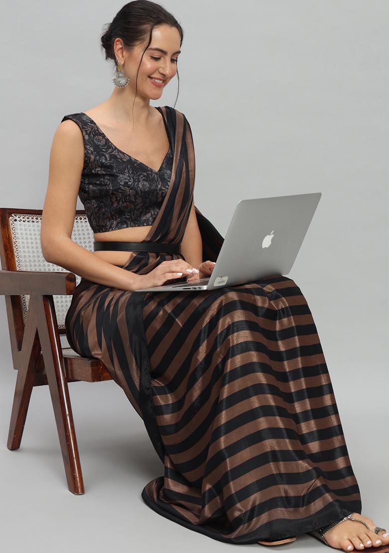 Brown Designer Striped Printed Satin Pre Stitched Saree