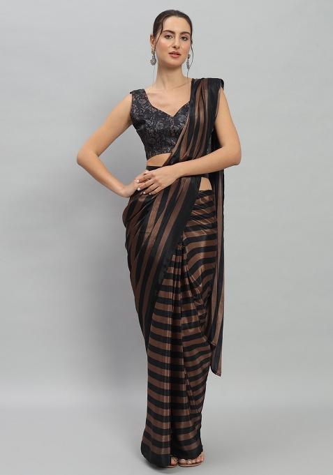 Brown Designer Striped Printed Satin Pre Stitched Saree