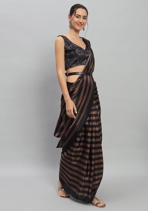 Brown Designer Striped Printed Satin Pre Stitched Saree