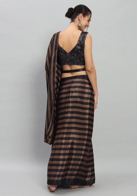 Brown Designer Striped Printed Satin Pre Stitched Saree