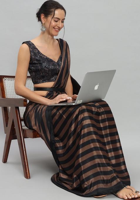 Brown Designer Striped Printed Satin Pre Stitched Saree