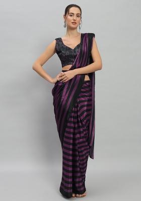 Purple Designer Striped Printed Satin Pre Stitched Saree