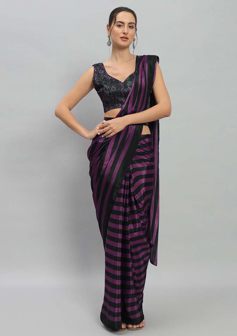 Purple Designer Striped Printed Satin Pre Stitched Saree - Indya