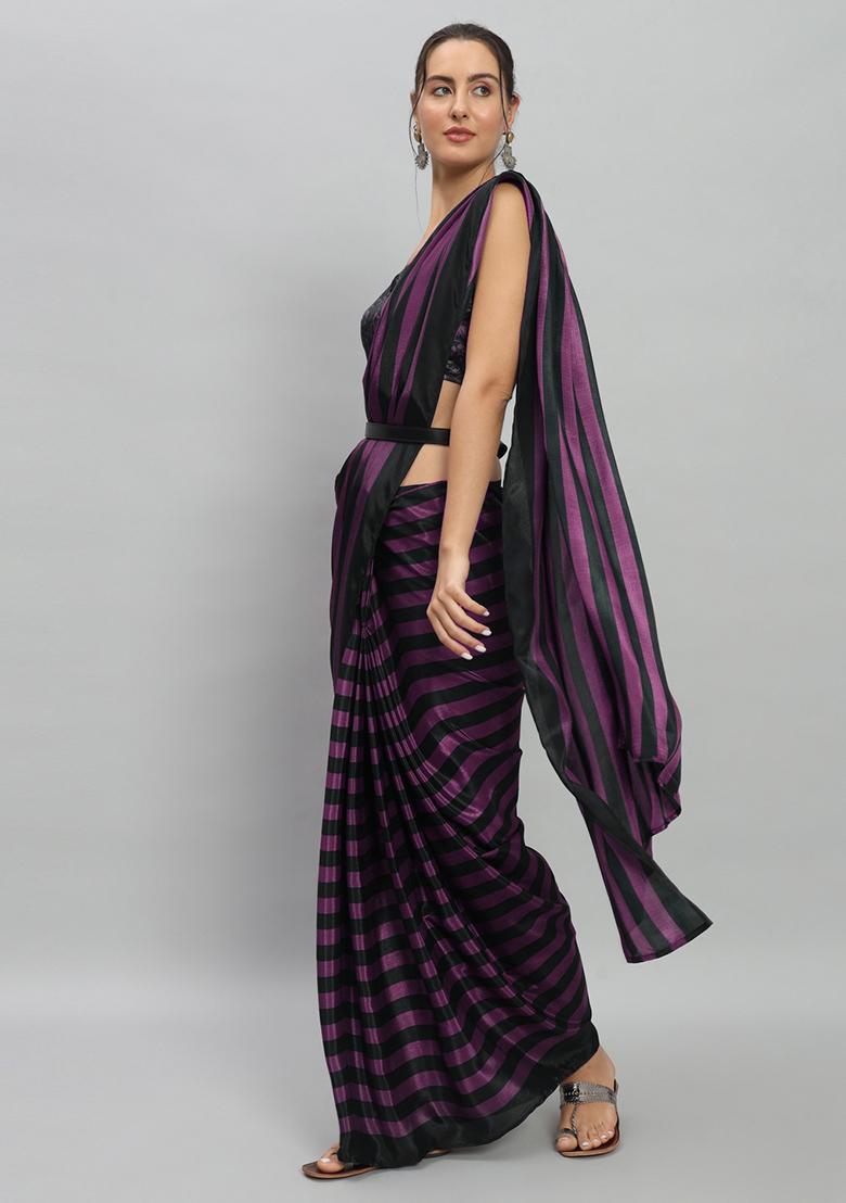 Purple Designer Striped Printed Satin Pre Stitched Saree