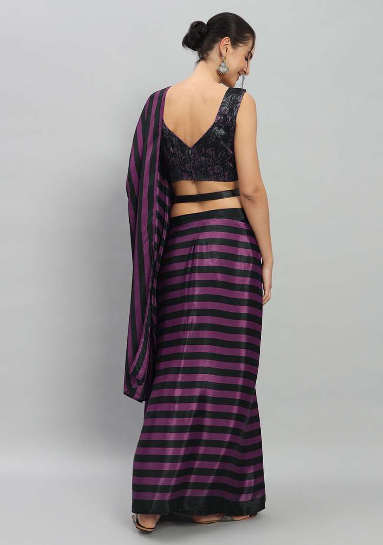 Purple Designer Striped Printed Satin Pre Stitched Saree - Indya