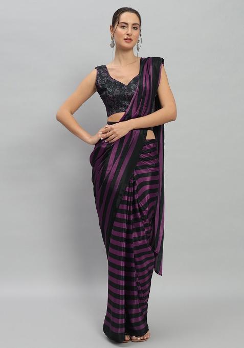 Purple Designer Striped Printed Satin Pre Stitched Saree