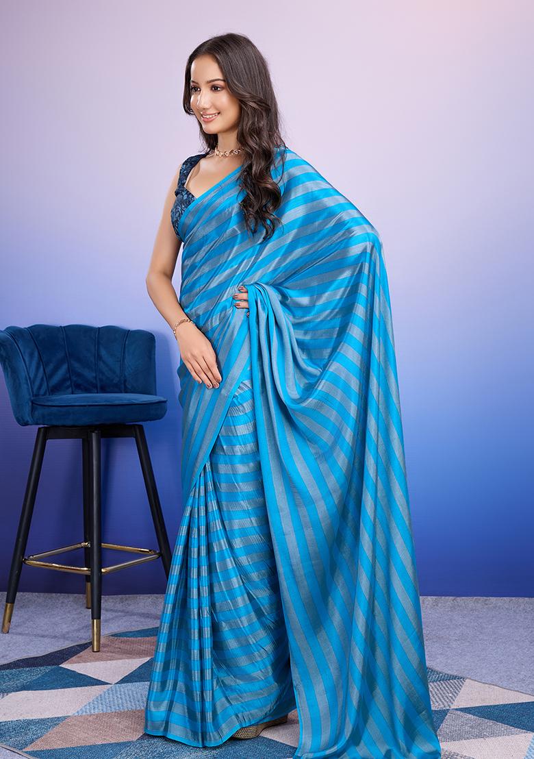 Sky Blue Designer Striped Printed Satin Pre Stitched Saree