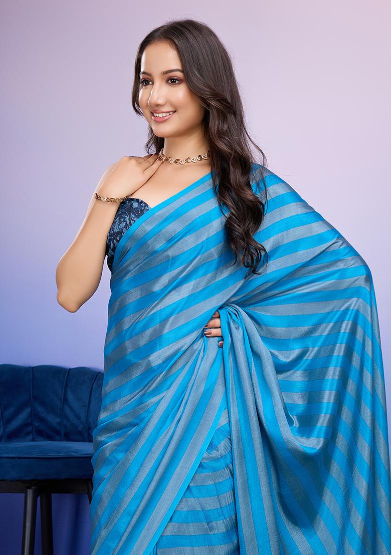Sky Blue Designer Striped Printed Satin Pre Stitched Saree