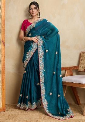 Teal Pink Embroidererd Silk Saree Set