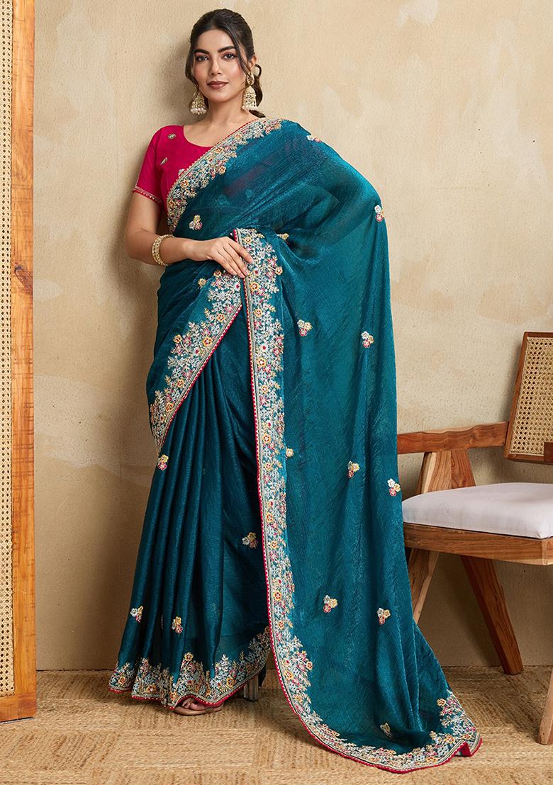 Teal Pink Embroidererd Silk Saree Set