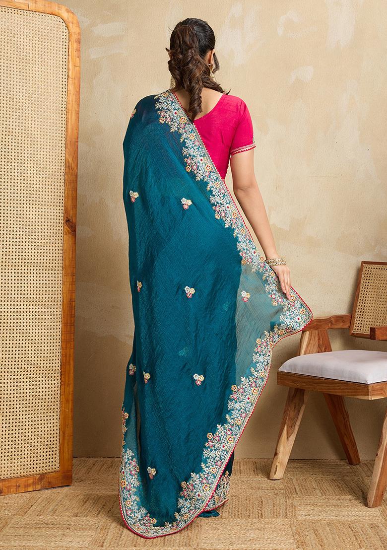 Teal Pink Embroidererd Silk Saree Set
