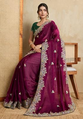 Wine Green Embroidererd Silk Saree Set