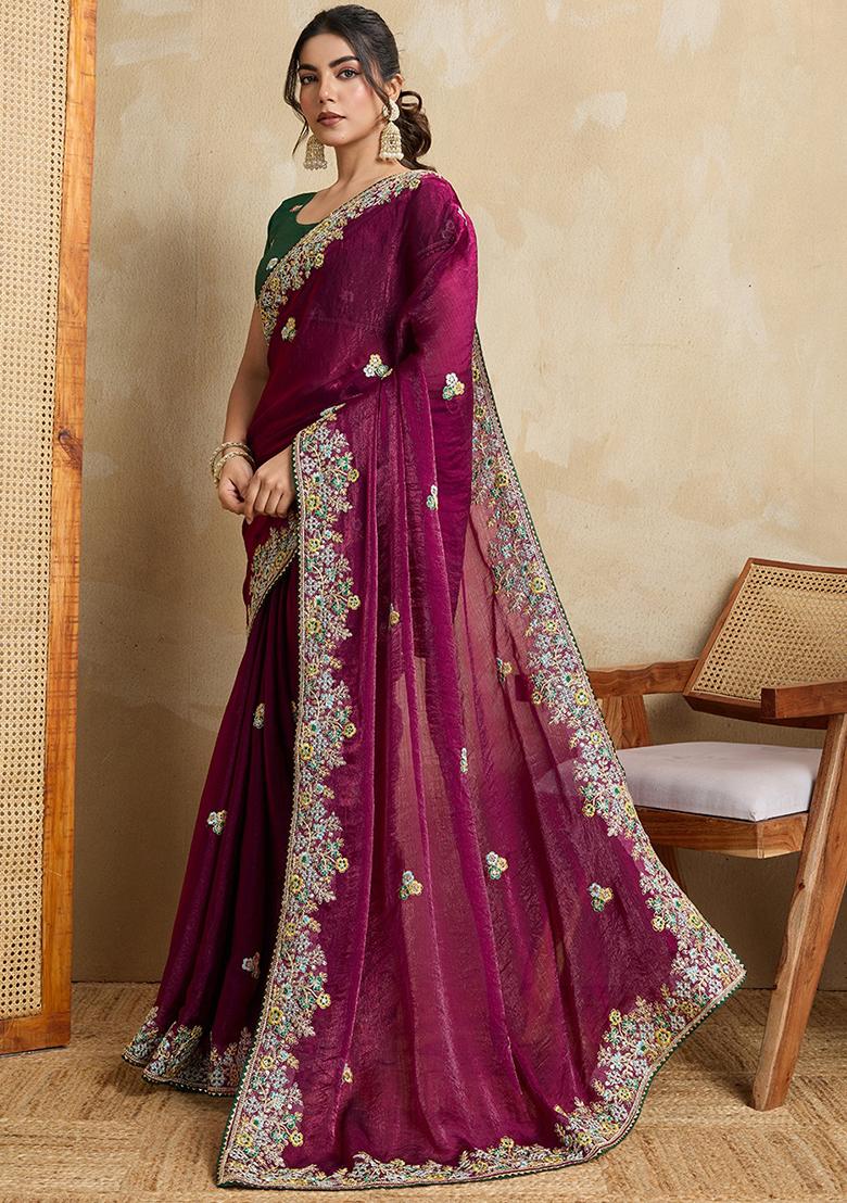 Wine Green Embroidererd Silk Saree Set
