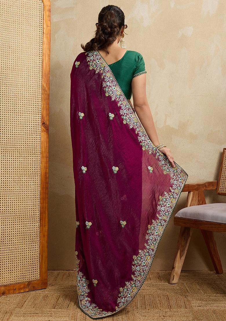 Wine Green Embroidererd Silk Saree Set