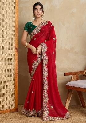 Red Green Embroidererd Silk Saree Set
