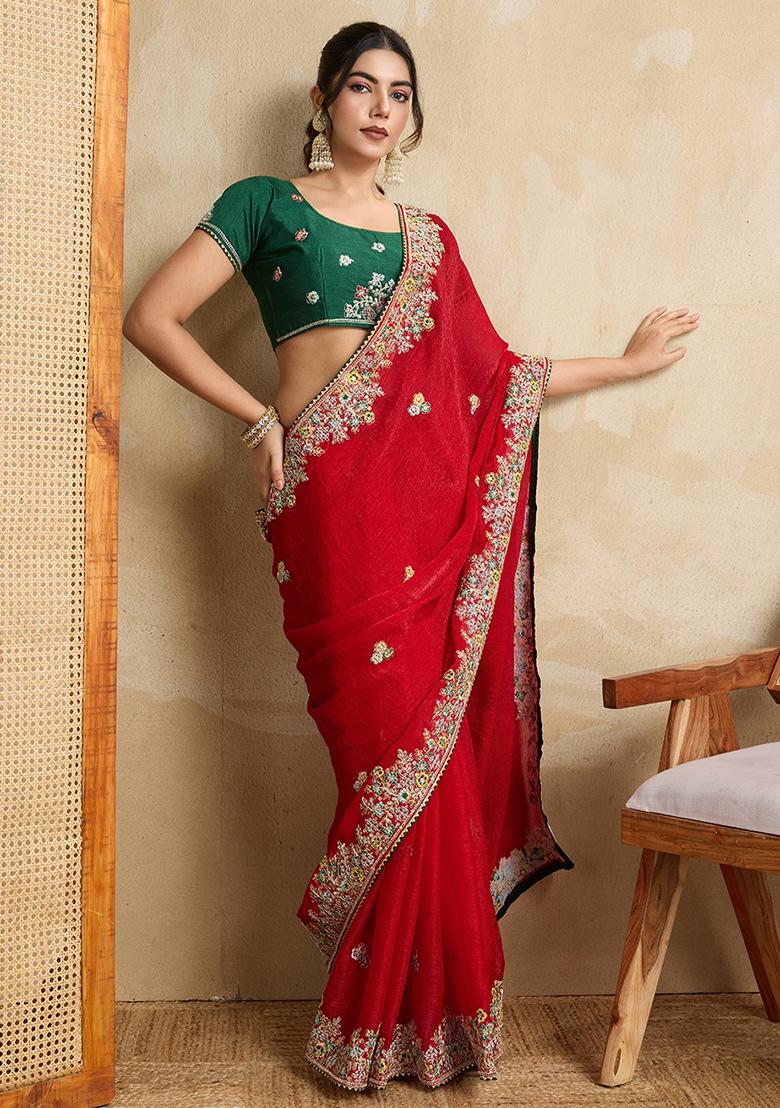 Red Green Embroidererd Silk Saree Set
