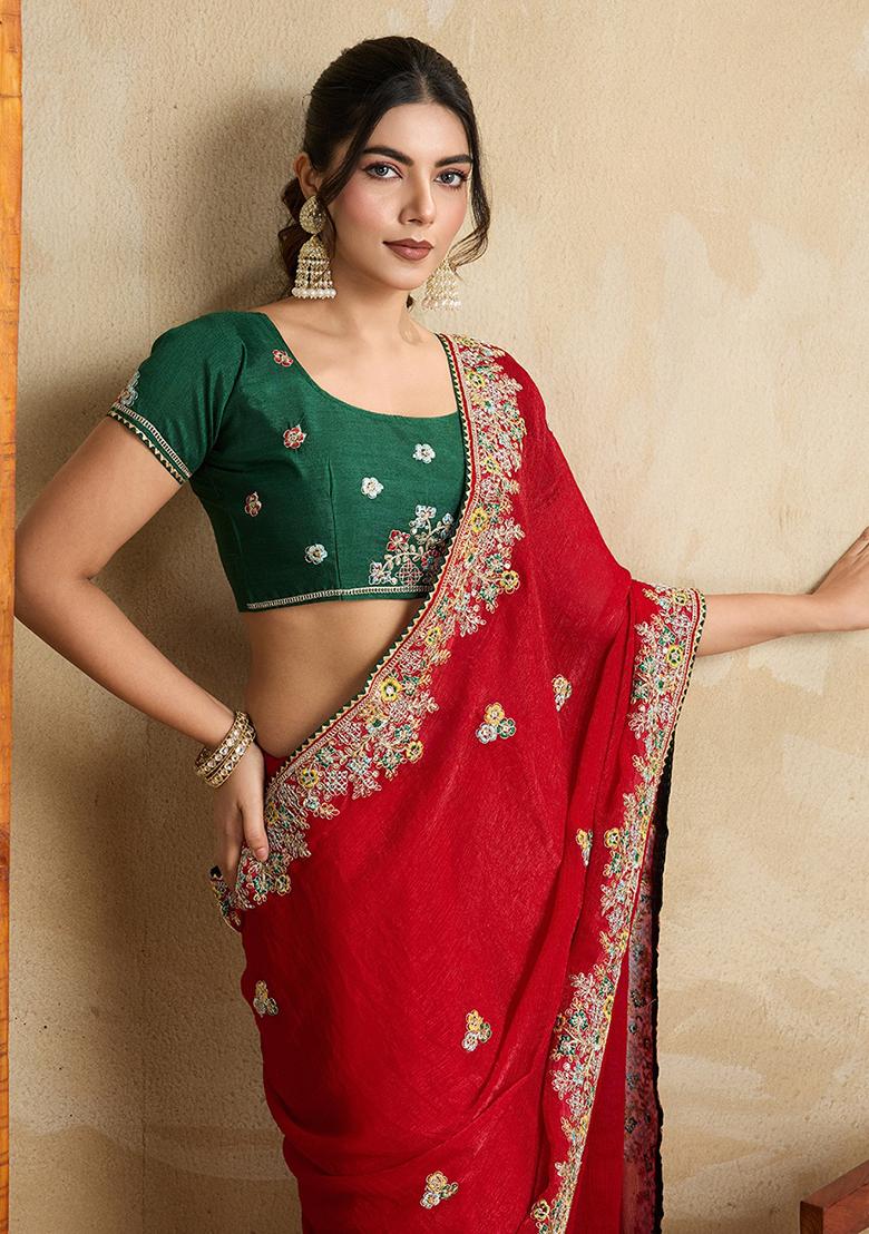Red Green Embroidererd Silk Saree Set
