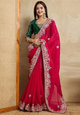 Pink Green Embroidererd Silk Saree Set