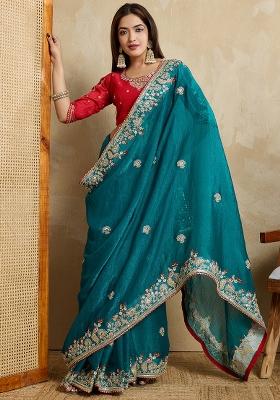 Teal Red Embroidererd Silk Saree Set