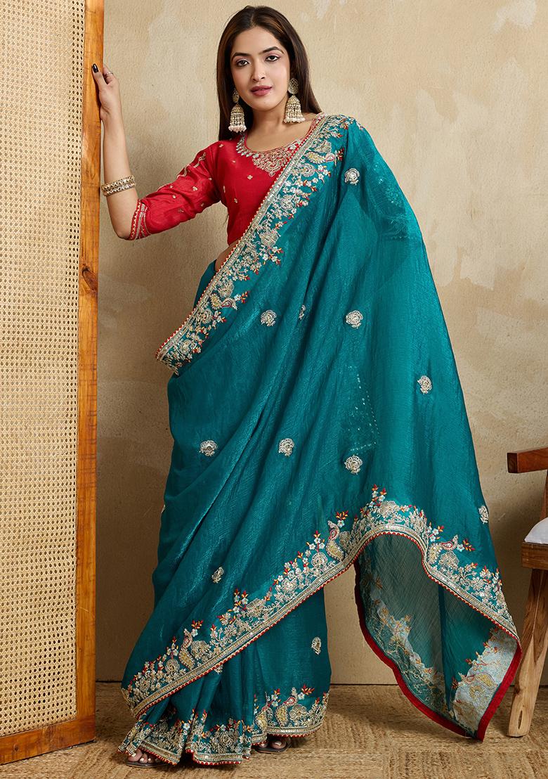 Teal Red Embroidererd Silk Saree Set