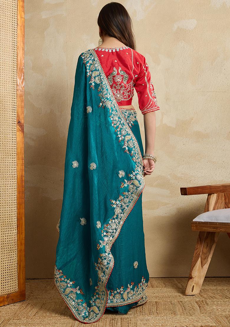 Teal Red Embroidererd Silk Saree Set
