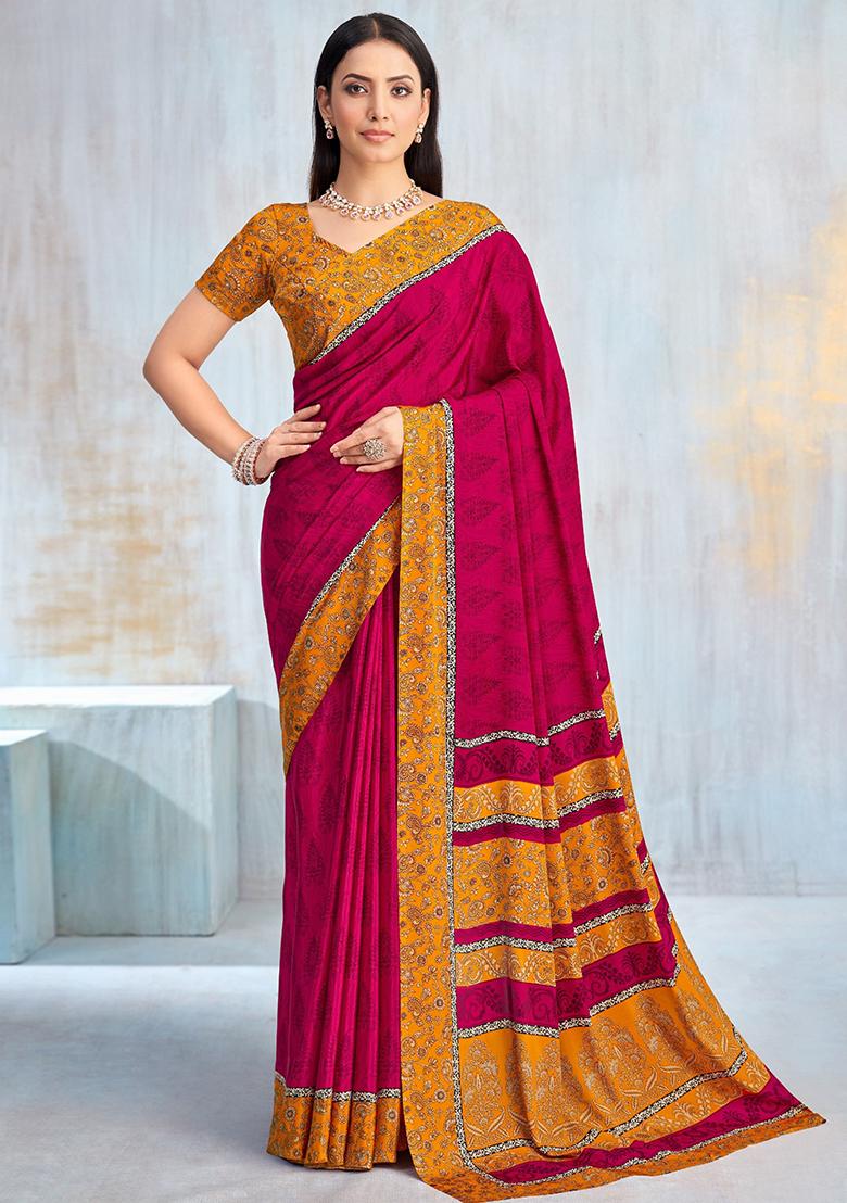 Purple Floral Digital Print Silk Saree Set