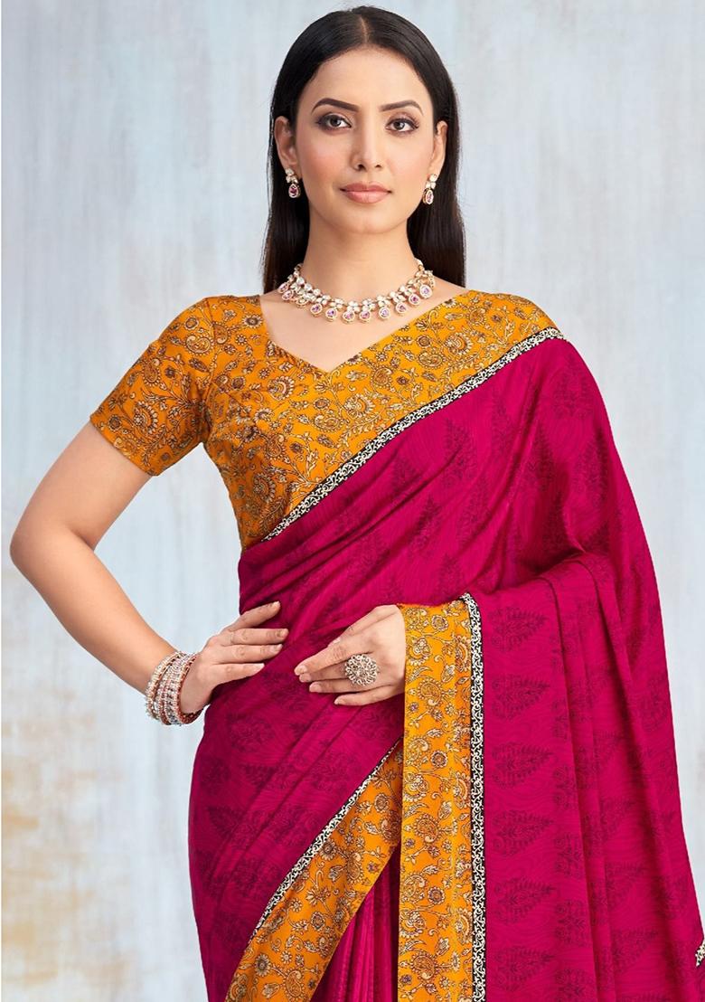 Purple Floral Digital Print Silk Saree Set